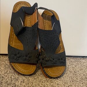 Blue Leather Comfort Sandals with Adjustable Strap